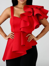 Solid Red Irregular Ruffles Sleeve Causal Blouse