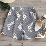 Casual Blue Loose Stripe Floral Print Boho Bohemian Shorts