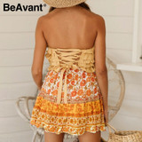 Floral Print Lace Up Yellow Sexy Bottom Retro Boho Bohemian Skirts