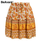 Floral Print Lace Up Yellow Sexy Bottom Retro Boho Bohemian Skirts