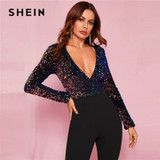 Black Glamorous Zip Back Plunge Neck Sequin Jumpsuit