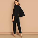 Black Elegant V Neck Solid Cape Long Sleeve Cloak Sleeve Jumpsuits