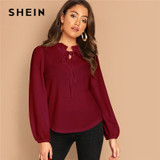 Burgundy Frilled Neck Knot Solid Casual Blouses