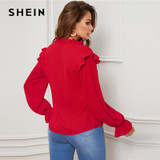 Red Ruffle Trim Buttoned Front V Neck Blouse