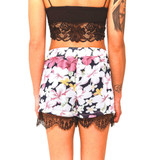 Floral Print Elastic Mid Waist Lace Hem Slim Casual Boho Bohemian Shorts
