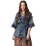 V Neck Half Sleeve Flower Embroidery Belted Boho Bohemian Jackets Coats