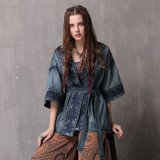 V Neck Half Sleeve Flower Embroidery Belted Boho Bohemian Jackets Coats