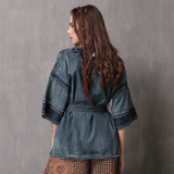 V Neck Half Sleeve Flower Embroidery Belted Boho Bohemian Jackets Coats