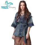 V Neck Half Sleeve Flower Embroidery Belted Boho Bohemian Jackets Coats