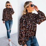 Elegant Lantern Long Sleeve Loose V neck Floral Bohemian Blouse Shirt