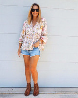 Vintage chic floral printed ruffles V neck long sleeve loose Bohemian Blouse Shirt
