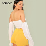 White Flounce Sleeve Shirred Off the Shoulder Boho Bohemian Tops