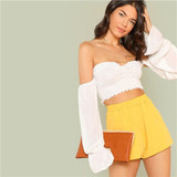 White Flounce Sleeve Shirred Off the Shoulder Boho Bohemian Tops