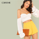 White Flounce Sleeve Shirred Off the Shoulder Boho Bohemian Tops