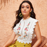 Mock Neck Lace Trim Embroidery White Sleeveless Boho Bohemian Tops