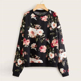 Floral Print Casual Round Neck Pullover Hoodie