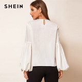 White Ruffle Trim Lantern Sleeve Keyhole Back Top Solid Blouse