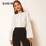 White Ruffle Trim Lantern Sleeve Keyhole Back Top Solid Blouse
