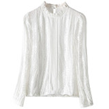 Solid Vintage Embroidery Pleated Ruffles O Neck Long Sleeves Silk Blouse