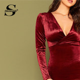 Elegant Deep V Neck Wrap Burgundy Velvet Pencil Party Dresses