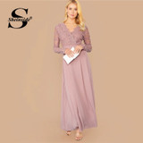 Elegant Lace Detail V Neck A Line Zipper Back Pleated Party Dresses