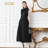 Silk Knit Lace Sleeveless Bow Ribbon Slim Swing Black Dresses