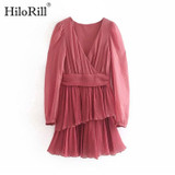 Cascading Ruffle Solid Puff Sleeve V Neck Pleated Wrap Dresses