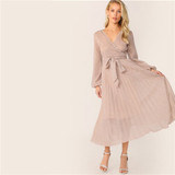 Surplice Neck Belted Pleated Glitter V neck Wrap A Line Wrap Dresses