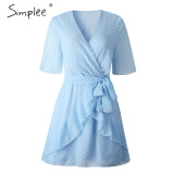 V neck flower A line Ruffled sash belt Wrap Dresses