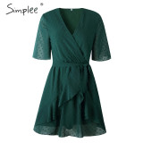 V neck flower A line Ruffled sash belt Wrap Dresses