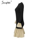 Turtleneck knitted Flare sleeve patchwork ruffled Midi Dresses