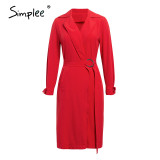Elegant High waist sash belt A line Long sleeve pockets Midi Dresses