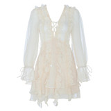 Flare Sleeve Lace up V Neck Runway Ruffle Sexy Mini Dresses