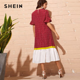 Red Bell Sleeve Color block Polka Dot Boho Bohemian Dress