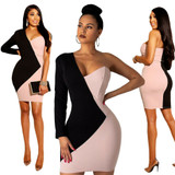 Long Sleeve Patchwork One Shoulder Bodycon Dresses