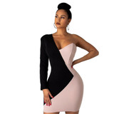 Long Sleeve Patchwork One Shoulder Bodycon Dresses