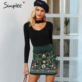 Vintage pencil corduroy Embroidery sexy green Boho Bohemian Skirts