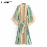 Vintage chic green floral print bat sleeve rayon Boho Bohemian Kimonos Vintage chic green floral print bat sleeve rayon Boho Bohemian Kimonos