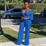 Lace Up Wide Leg Solid Casual Off Shoulder Sexy V Neck Jumpsuit