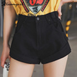 High Waist White Khaki Wide Leg Elastic Waist Vintage Short Denim