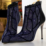 Women's stiletto high heeled rhinestone pointed toe zip booties sexy party nightclub ankle boots