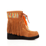 Women's vintage ethnic feather fringe wedge boots embroidery boho short boots