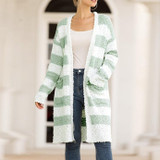 Women's color striped popcorn cardigan with pockets open front long cardigan