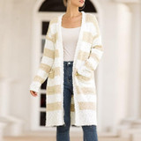 Women's color striped popcorn cardigan with pockets open front long cardigan
