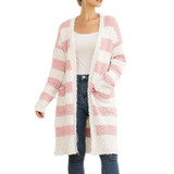 Women's color striped popcorn cardigan with pockets open front long cardigan