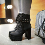 Women Supper High Heel Lace Up Zipper Rivet Studded Chunky Platform Boots
