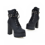 Women Supper High Heel Lace Up Zipper Rivet Studded Chunky Platform Boots