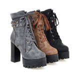 Women Supper High Heel Lace Up Zipper Rivet Studded Chunky Platform Boots