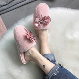 Women's furry home slippers fashion bowknot closed toe winter warm bedroom slippers