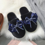 Women's furry home slippers fashion bowknot closed toe winter warm bedroom slippers